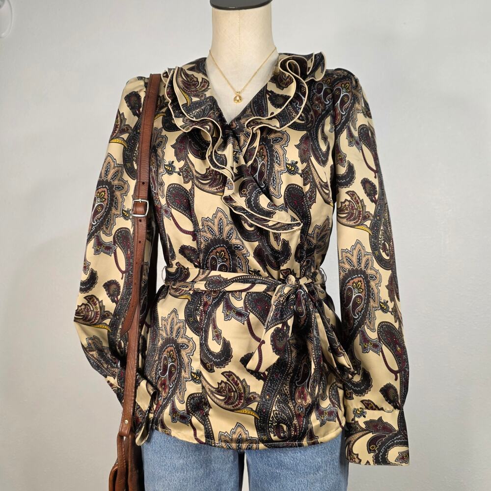 Y2K Paisley Ruffle Faux Wrap Blouse Satin Tie Waist Size Small Equestrian